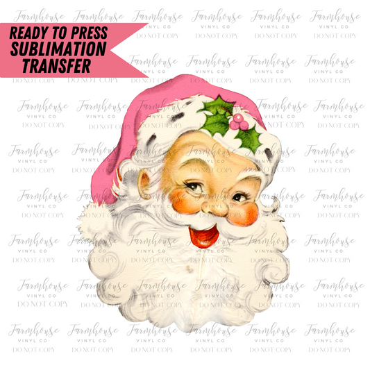 Pink Retro Vintage Santa Claus Face Ready To Press Sublimation Transfer - Farmhouse Vinyl Co
