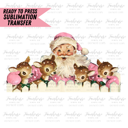 Retro Santa And Deer Pink Ready To Press Sublimation Transfer - Farmhouse Vinyl Co