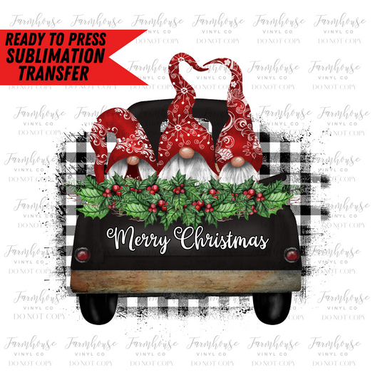 Gnome Black And White Plaid Truck Christmas Ready To Press Sublimation Transfer - Farmhouse Vinyl Co