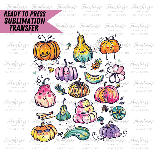 Whimsical Bright Pumpkins Ready to Press Sublimation Transfer - Farmhouse Vinyl Co
