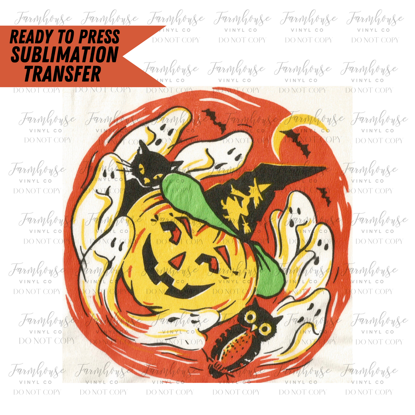 Vintage Halloween Jack O Lantern And Ghosts Ready To Press Sublimation Transfer