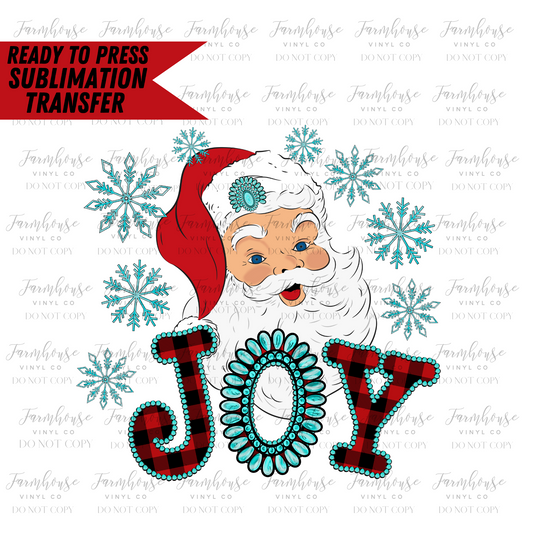 Joy Turquoise Christmas Santa Ready To Press Sublimation Transfer - Farmhouse Vinyl Co