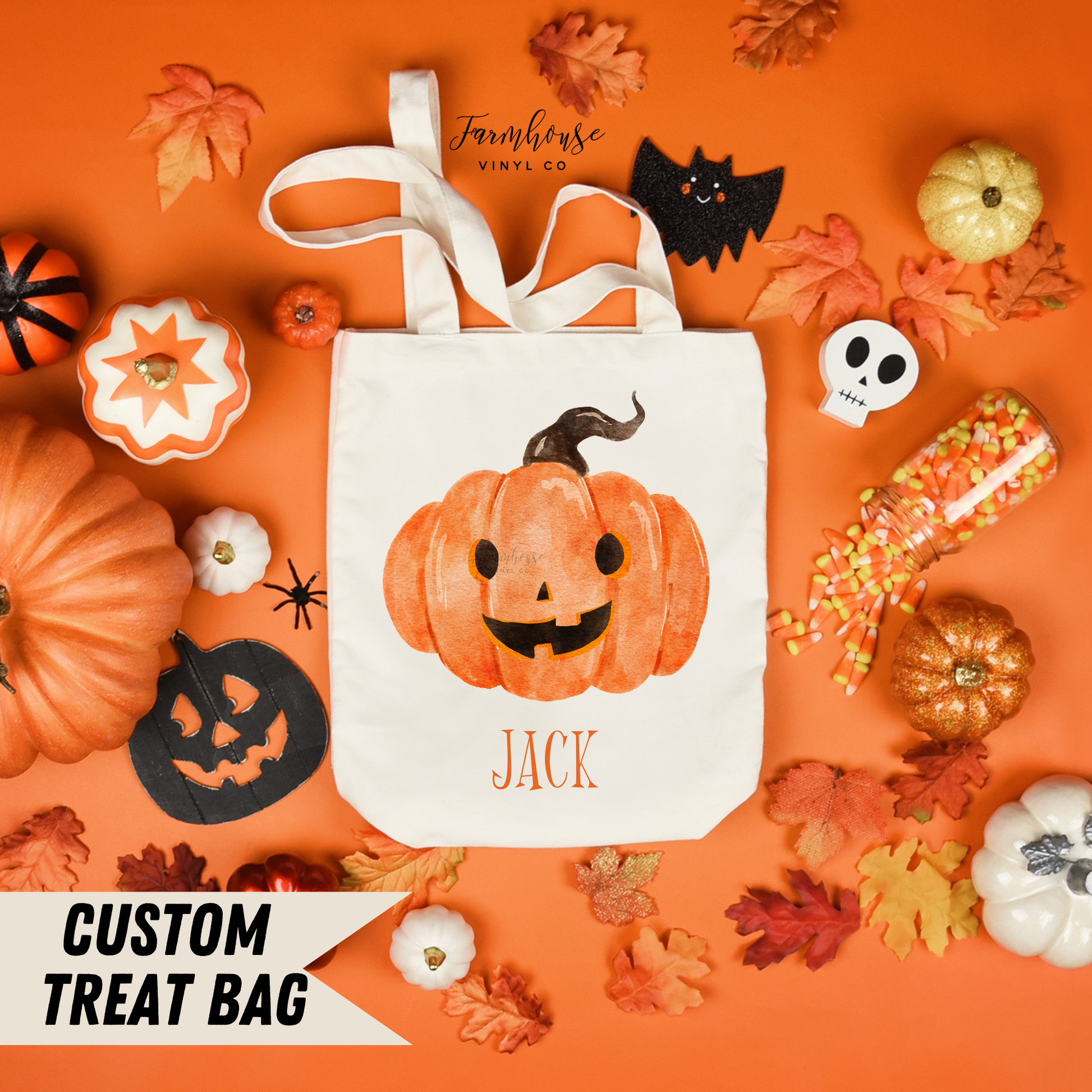 Bag of Treats, Custom Halloween Kids, Personalized Canvas Tote Bag