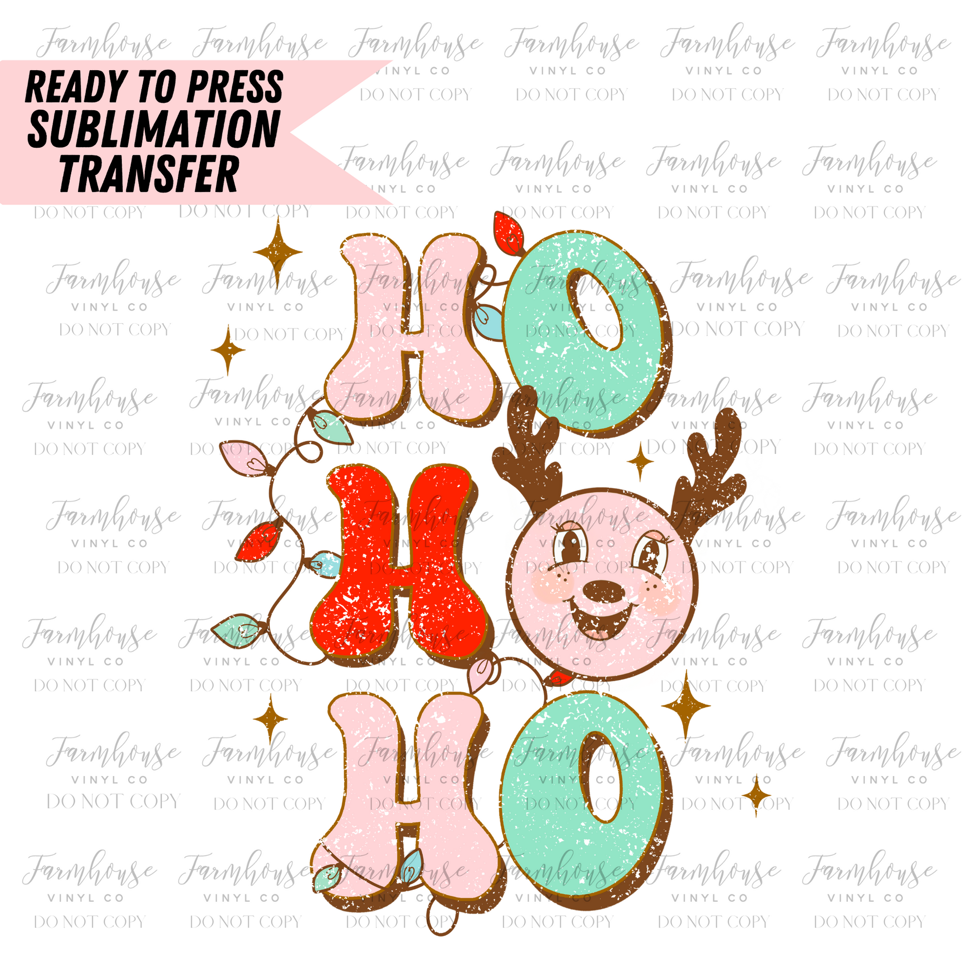 Retro Reindeer Ho Ho Ho Ready To Press Sublimation Transfer Design - Farmhouse Vinyl Co