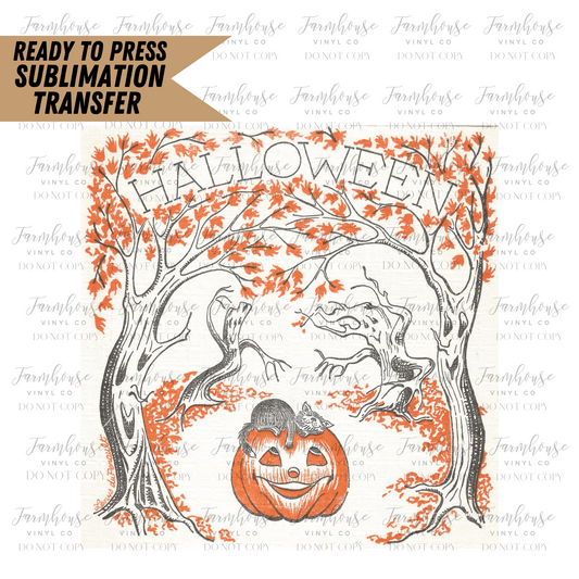Retro Pumpkin And Cat Halloween Ready To Press Sublimation Transfer