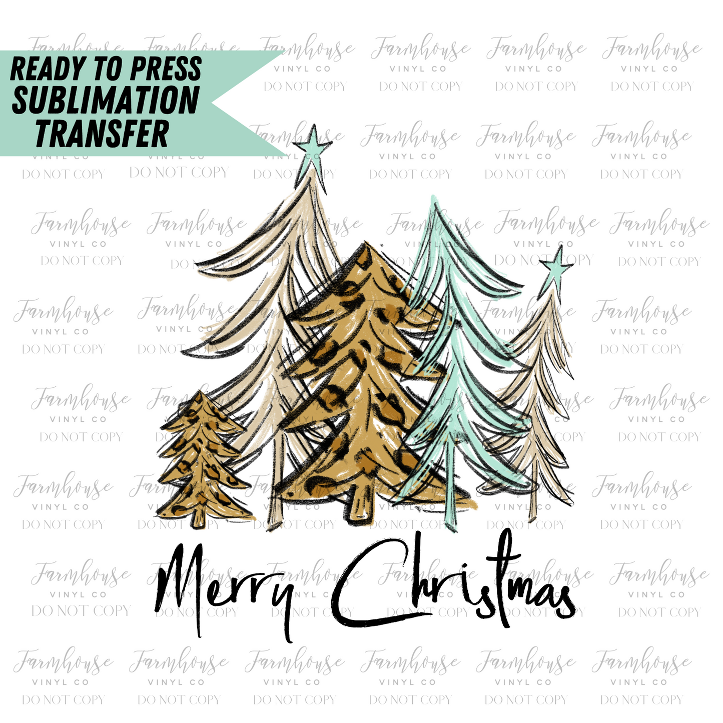 Merry Christmas Leopard Teal Trees Ready To Press Sublimation Transfer - Farmhouse Vinyl Co
