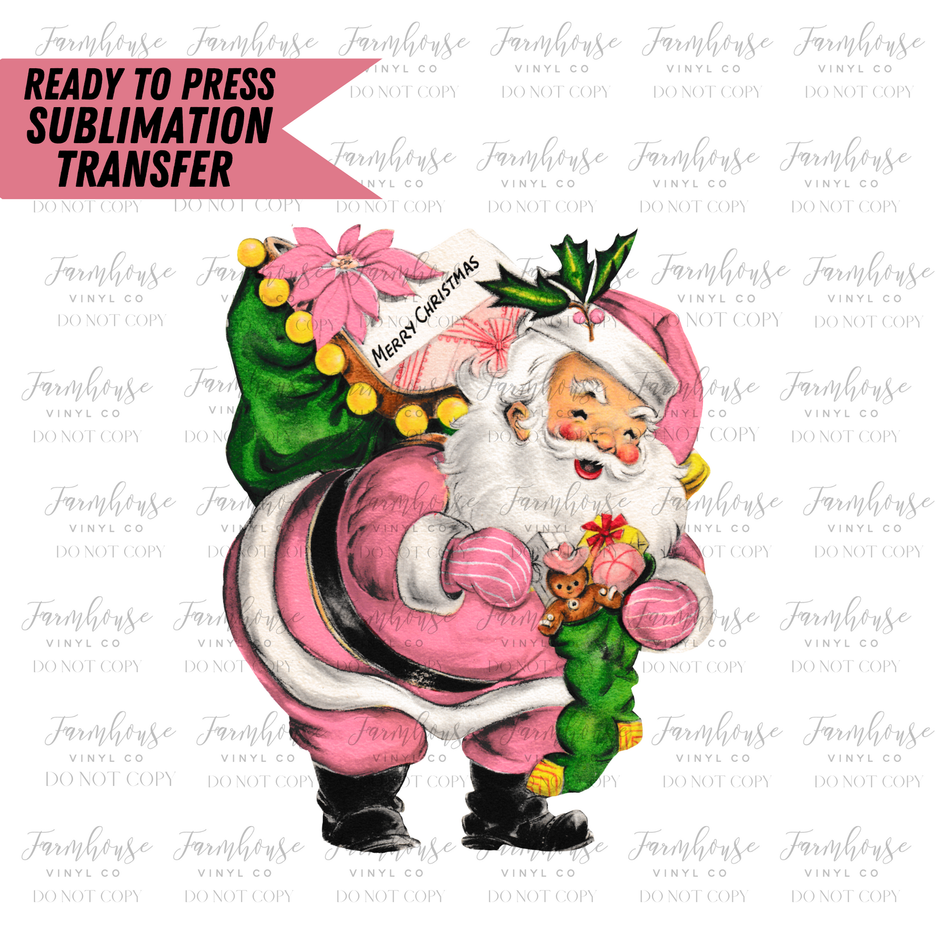 Santa With Christmas Gifts Pink Ready To Press Sublimation Transfer - Farmhouse Vinyl Co