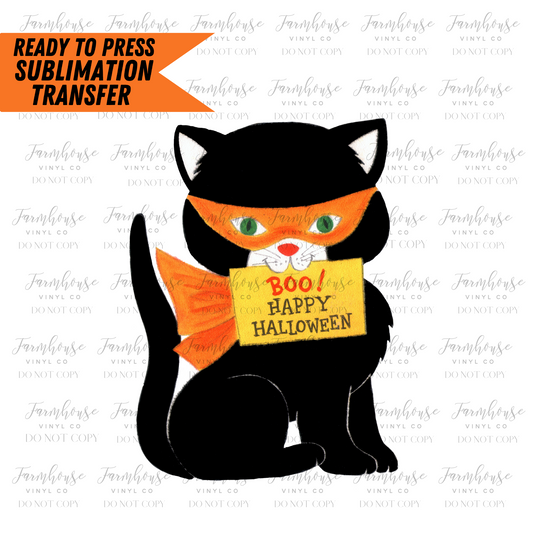 Retro Black Cat Happy Halloween Ready To Press Sublimation Transfer - Farmhouse Vinyl Co
