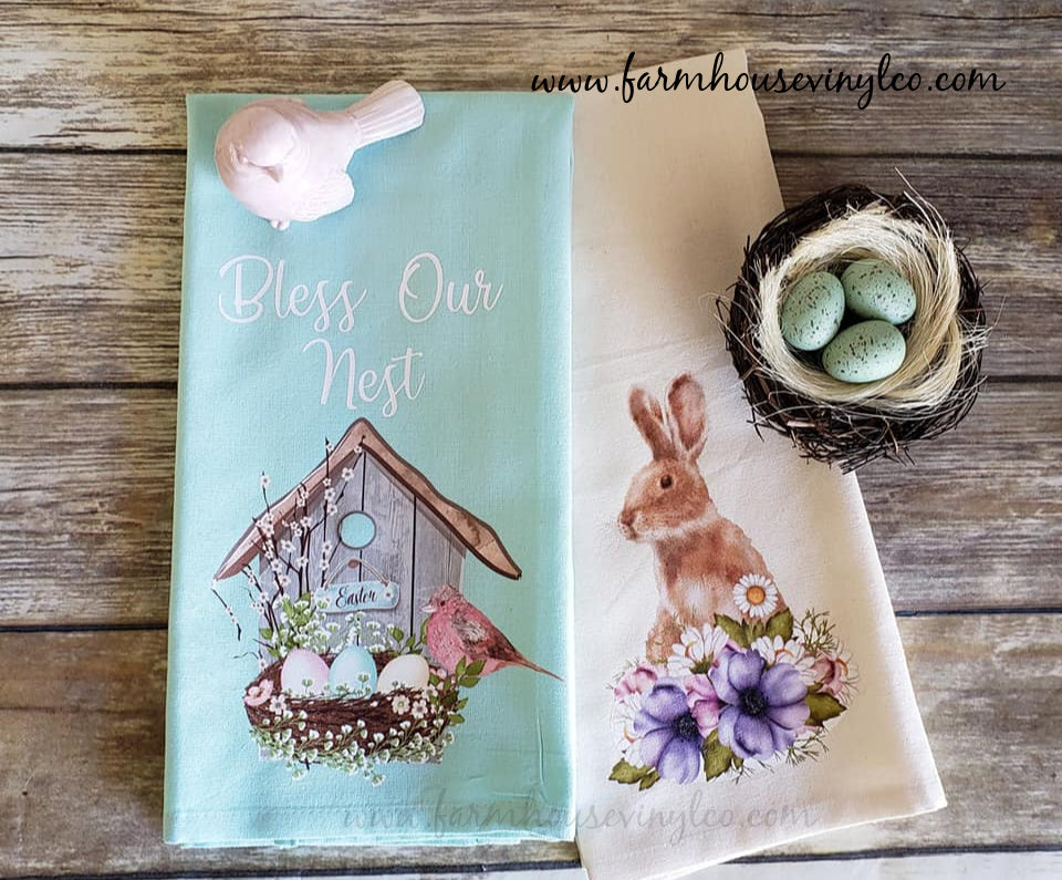 Spring Easter Bunny and Birdhouse Towels - Farmhouse Vinyl Co