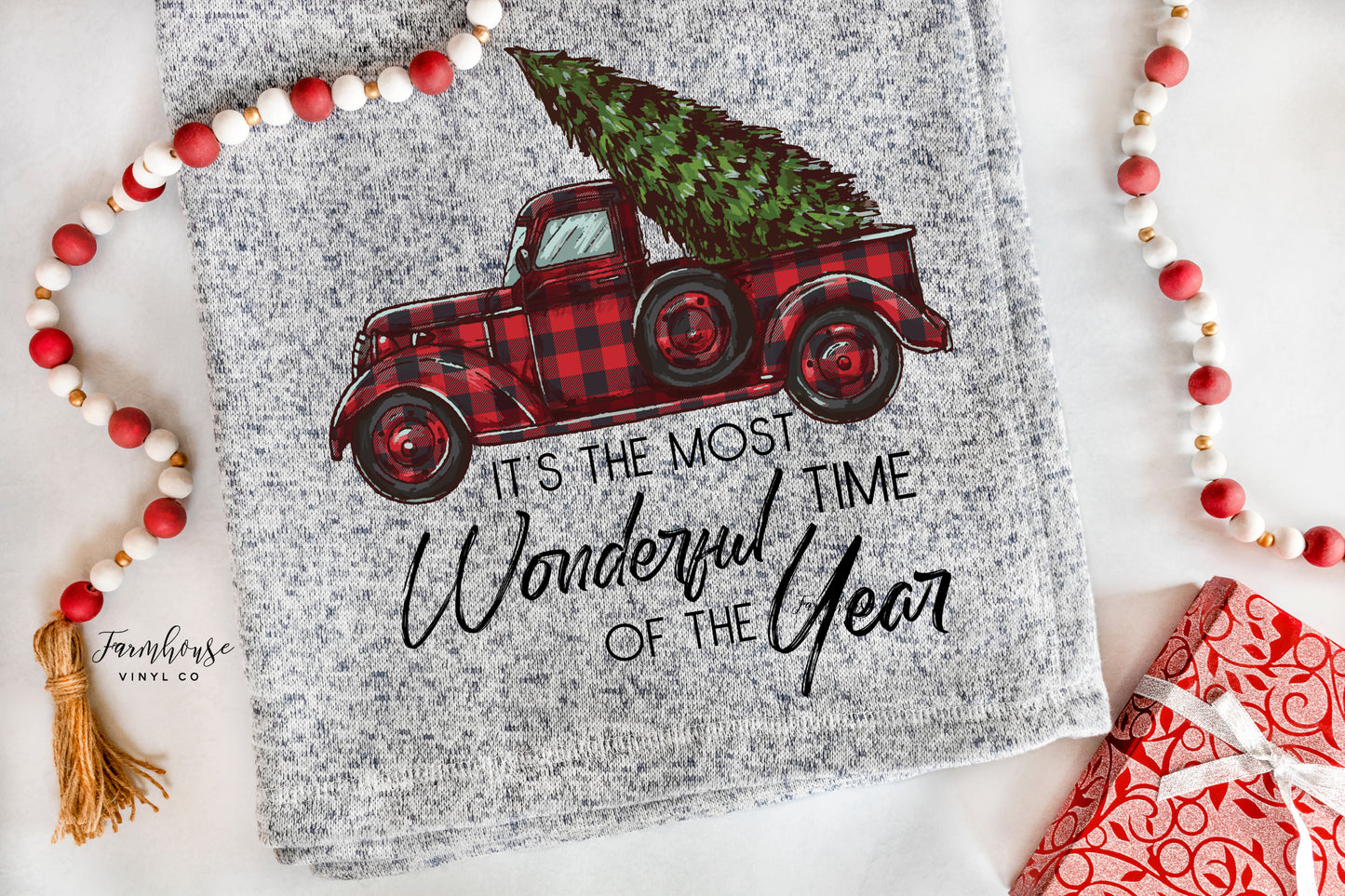 Christmas Plaid Truck It's The Most Wonderful Time of the Year Blanket - Farmhouse Vinyl Co