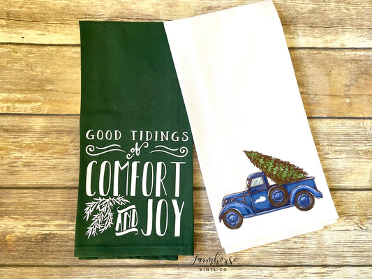 Blue Christmas Truck and Good Tidings of Comfort and Joy Towels