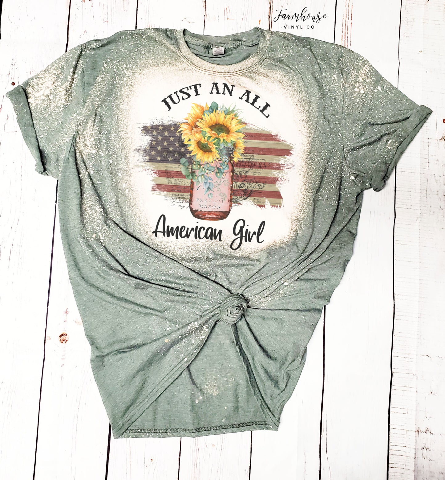 Just An All American Girl Sunflower Mason Jar Bleached Shirt - Farmhouse Vinyl Co
