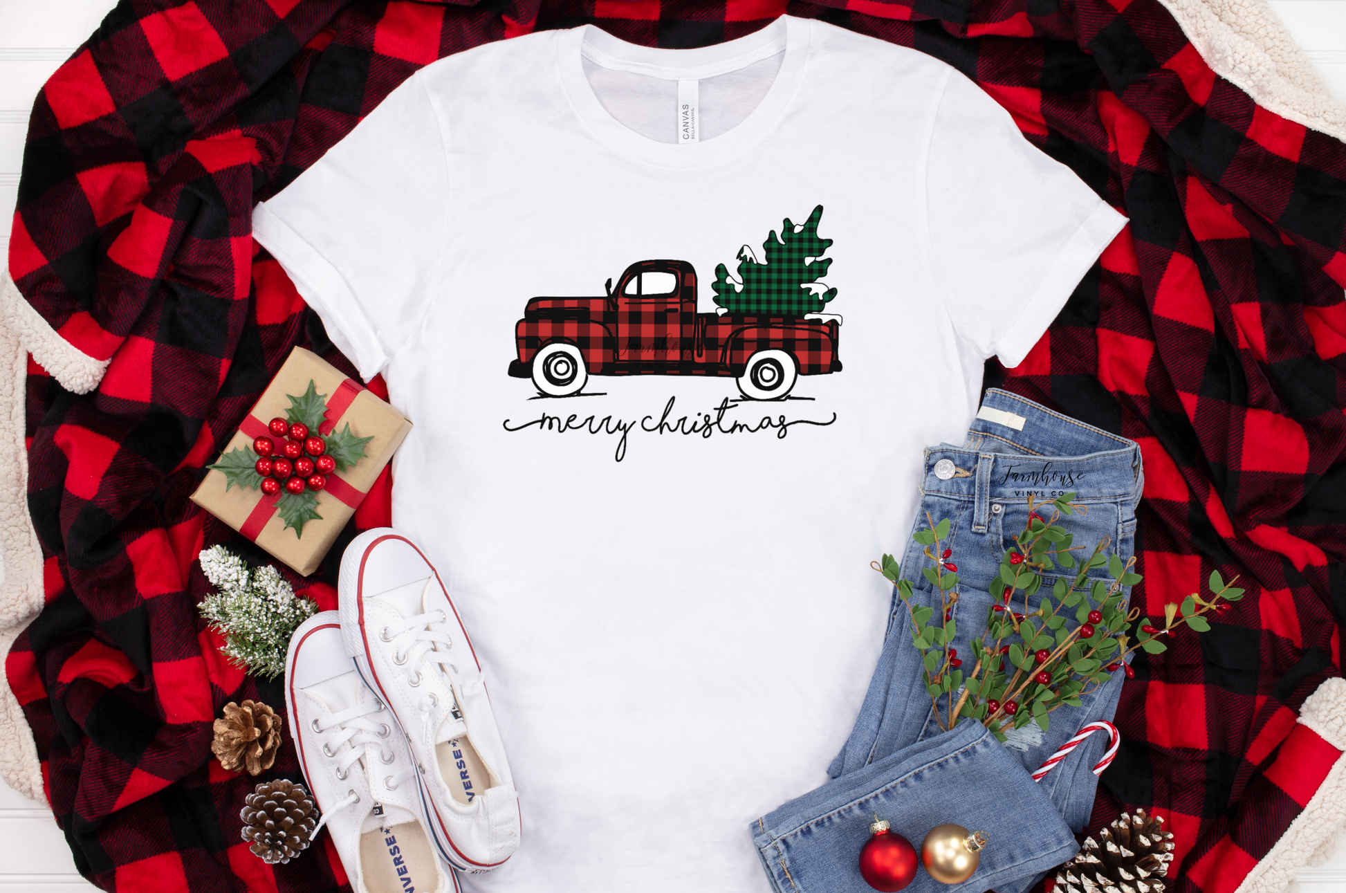 Merry Christmas Buffalo Plaid Christmas Tree Truck Shirt - Farmhouse Vinyl Co