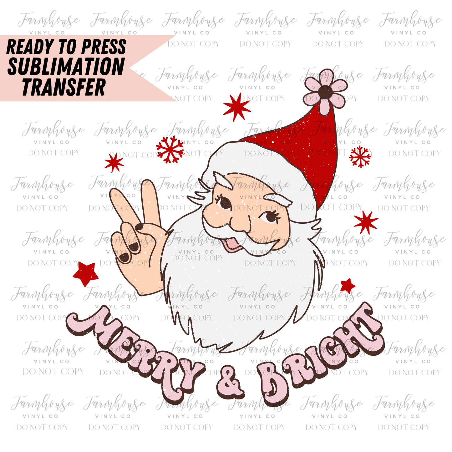 Merry & Bright Retro Santa Floral Ready To Press Sublimation Transfer - Farmhouse Vinyl Co