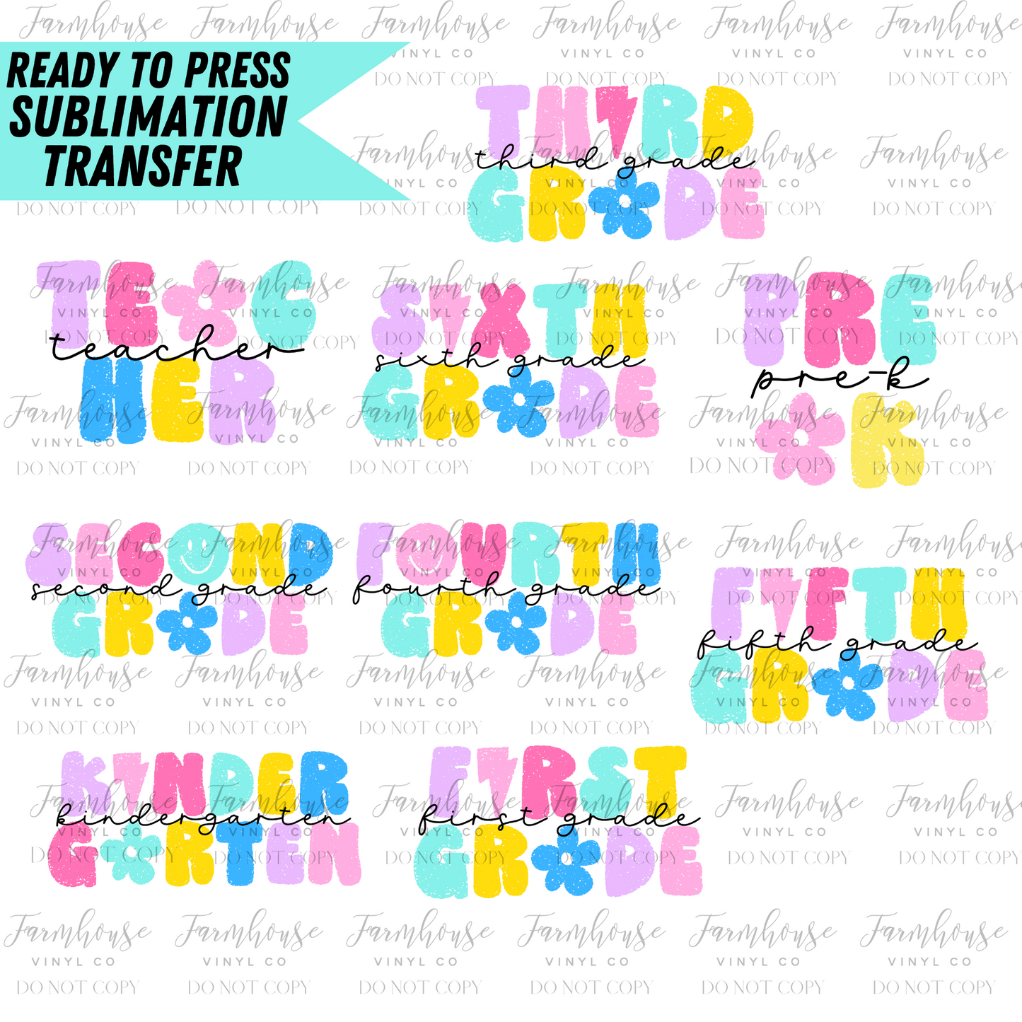 Bright Pastel Teacher And Grades Ready To Press Sublimation Transfer