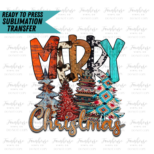 Merry Christmas Western Turquoise Ready To Press Sublimation Transfer - Farmhouse Vinyl Co