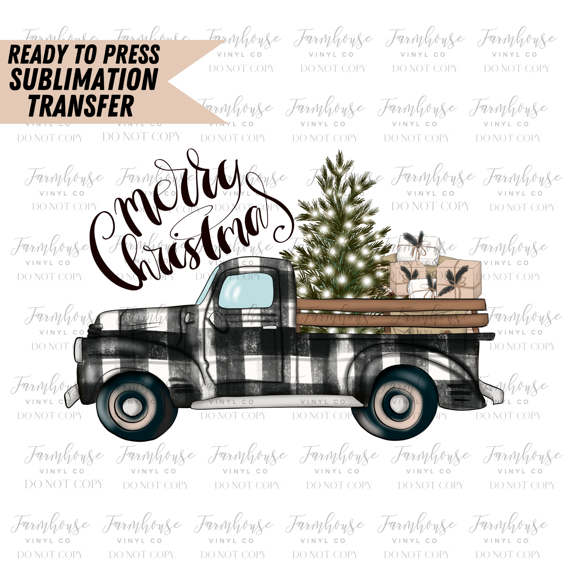 Merry Christmas Black White Plaid Christmas Tree Truck Ready To Press Sublimation Transfer - Farmhouse Vinyl Co