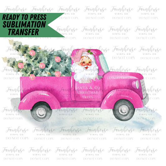 Vintage Pink Christmas Tree Truck Santa Claus Ready To Press Sublimation Transfer - Farmhouse Vinyl Co