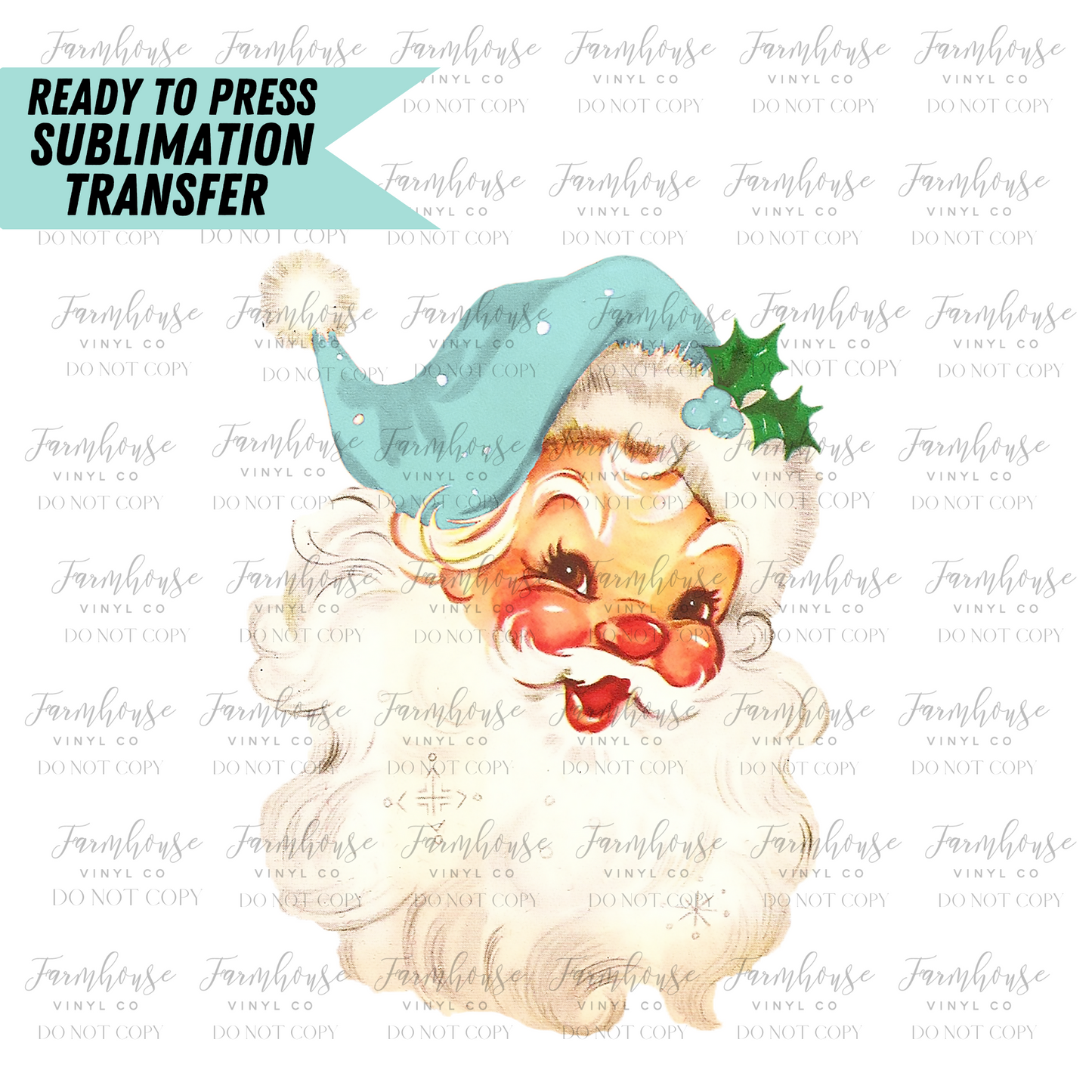 Retro Aqau Santa Claus Face Ready To Press Sublimation Transfer - Farmhouse Vinyl Co