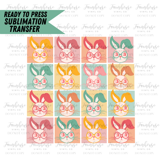 Retro Bunny Faces Ready To Press Sublimation Transfer