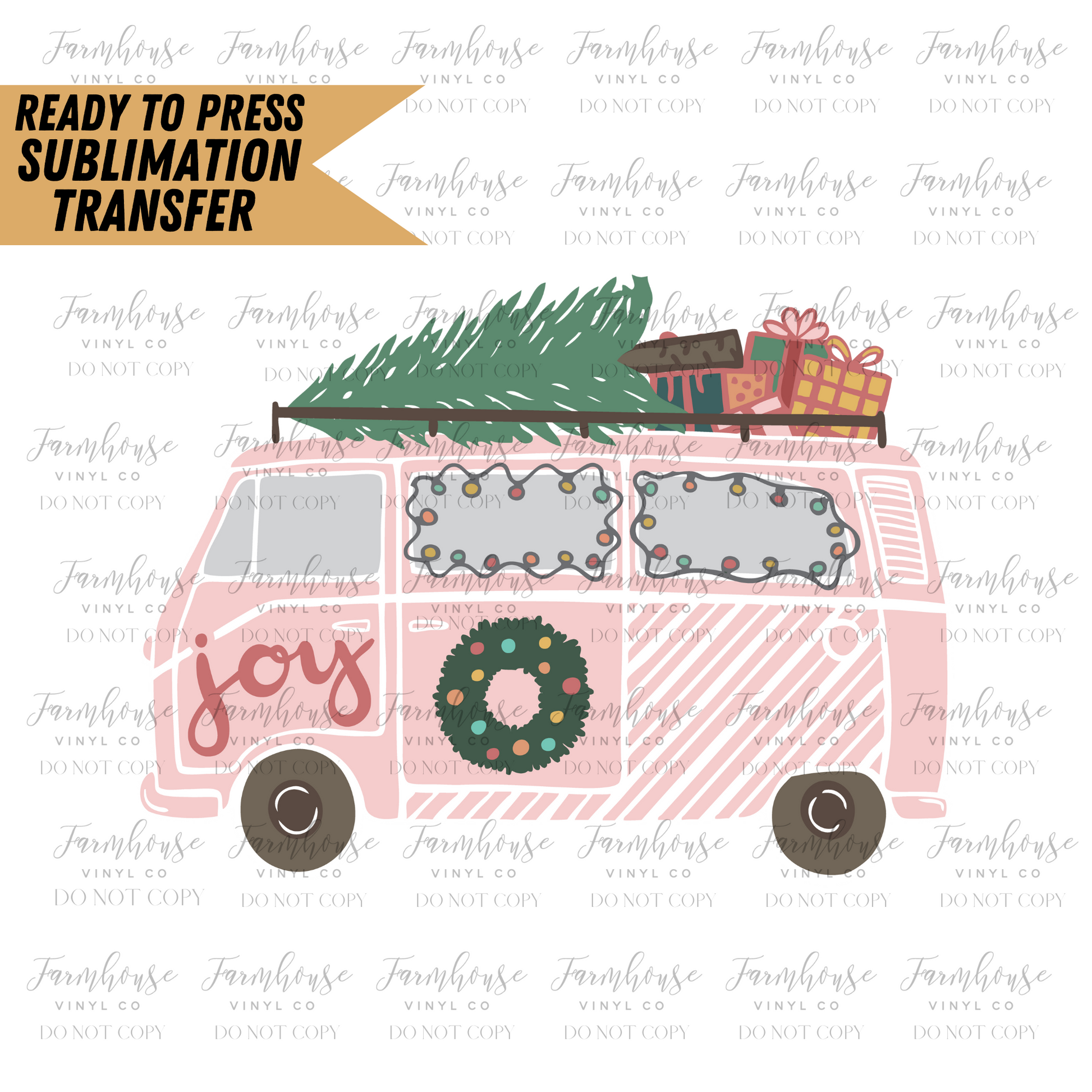 Joy Pink Retro Van Bus Christmas Tree Ready To Press Sublimation Transfer - Farmhouse Vinyl Co