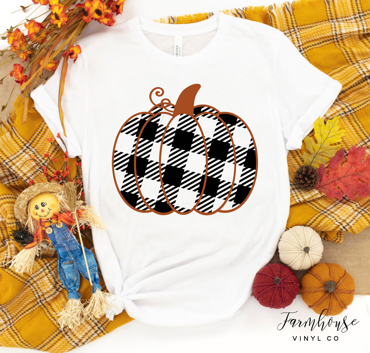 Fall Plaid Pumpkin Unisex Bella Canvas T-Shirt~Fall Shirts~Autumn Shirt~Halloween Decor~Fall Home Decor~Farmhouse Buffalo Plaid Pumpkin - Farmhouse Vinyl Co