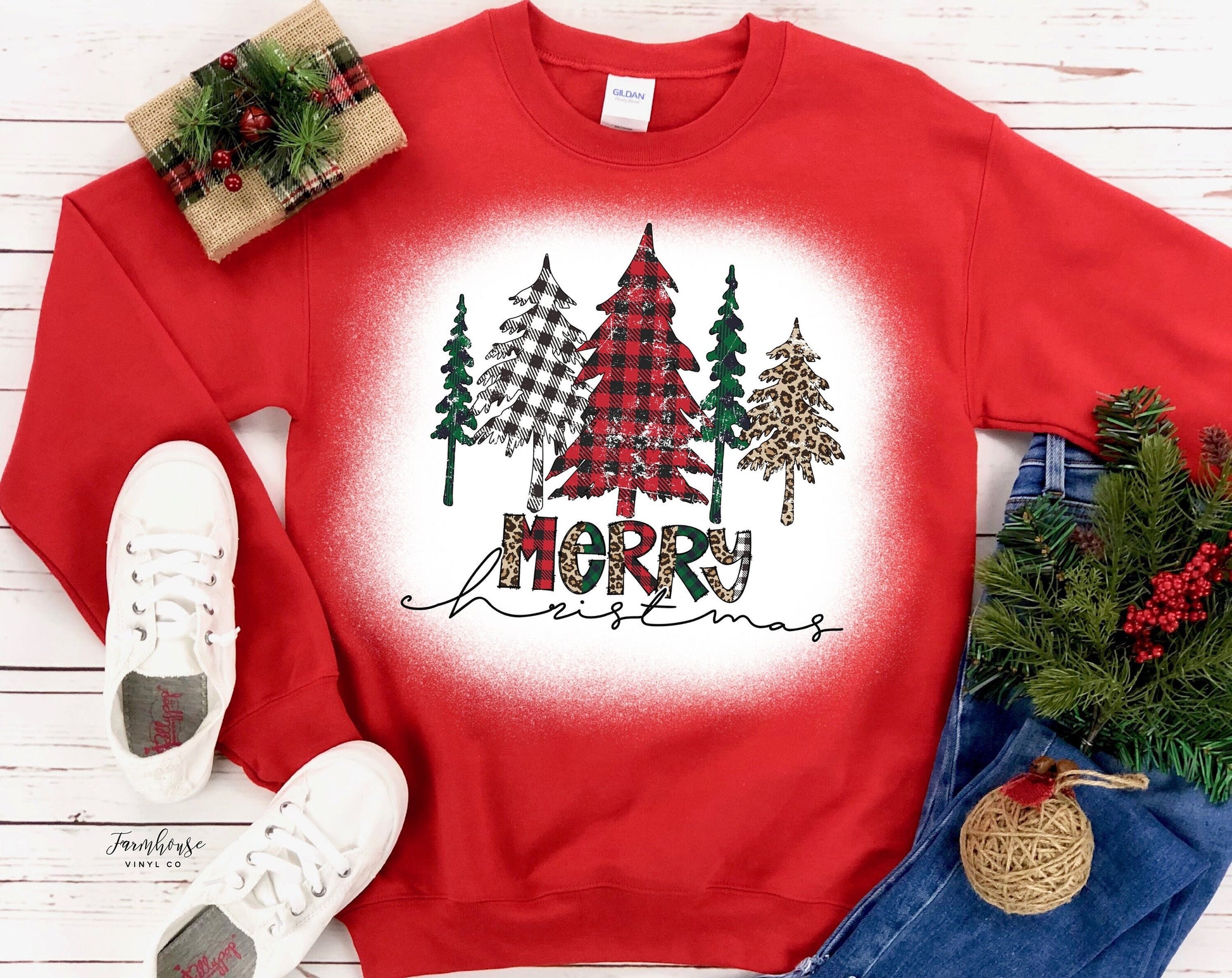 Merry Christmas Plaid Farmhouse Christmas Sweatshirt Shirt / Mama Chirstmas TShirt / Holiday Shirt / Plaid Buffalo Check Trees Sweatshirt - Farmhouse Vinyl Co