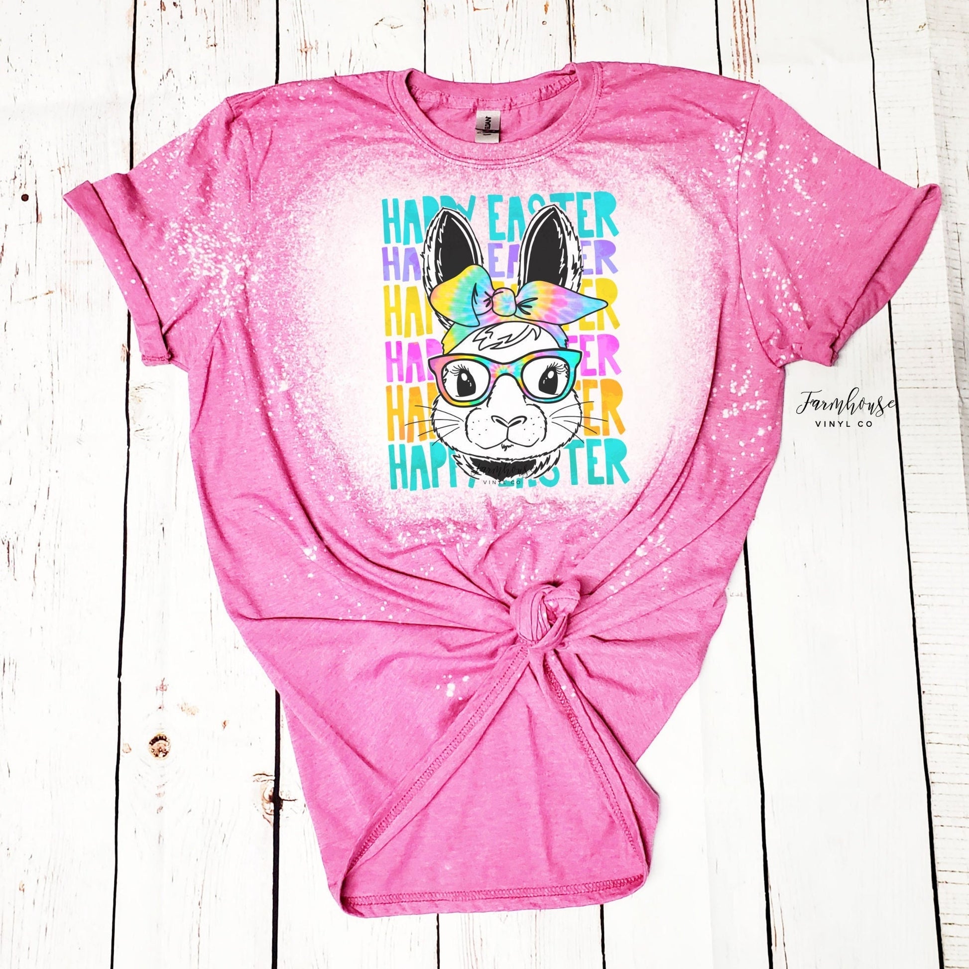 Happy Easter Tie Dye Bleached Shirt / Trendy tee shirt / Kids Easter T Shirt / Hipster Bunny Shirt / Easter Party T Shirt / Girl Bunny Shirt - Farmhouse Vinyl Co