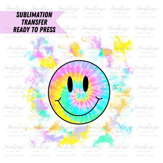 Tie Dye Retro Smiley Face, Ready To Press, Sublimation Transfers, Sublimation, Transfer Ready To Press, Smiley Face Heat Transfer Design - Farmhouse Vinyl Co