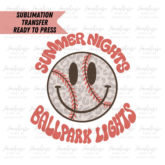 Summer Nights Ballpark Lights, Sport Baseball Mom, Ready To Press, Sublimation Transfers, Transfer Ready To Press, Heat Transfer Design - Farmhouse Vinyl Co