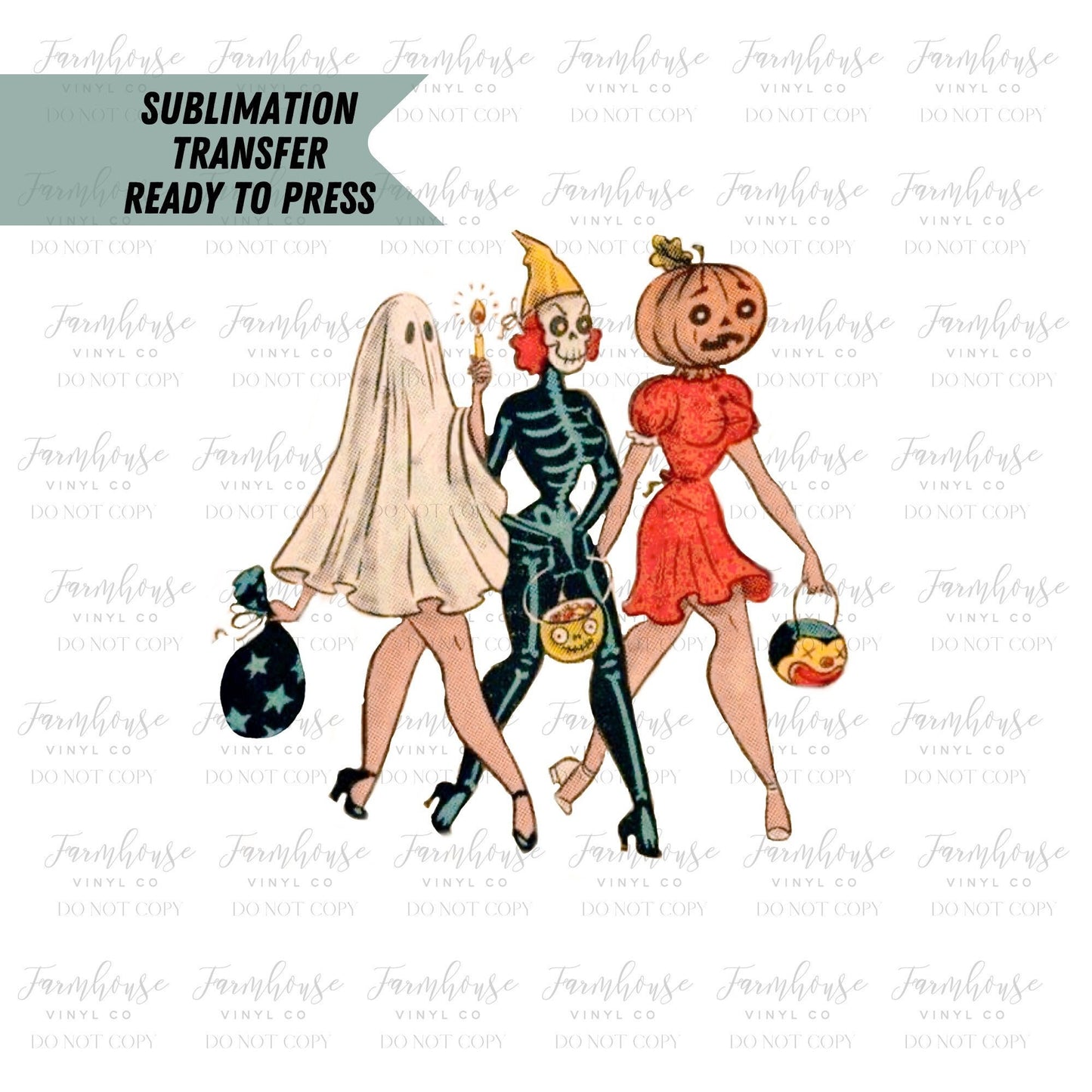 Vintage Pinup Halloween Costumes, Halloween Sublimation Transfer, Trick or Treat Design, Sublimation Transfer Ready Press, Fall Transfer - Farmhouse Vinyl Co