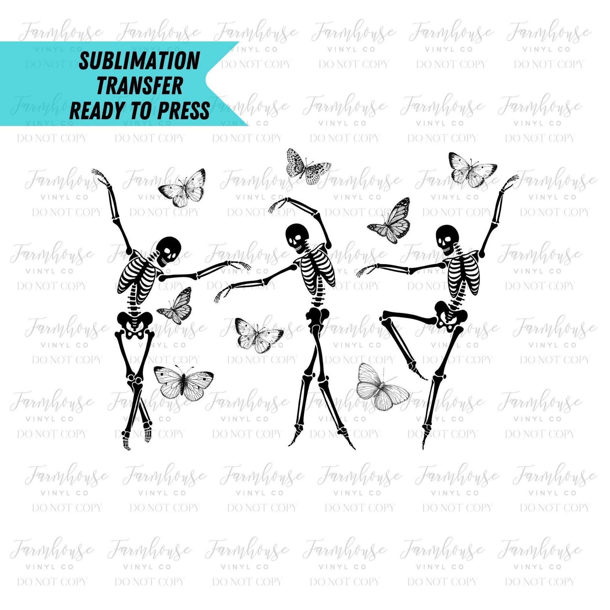 Boho Vintage Dancing Skeletons, Halloween Sublimation Transfer, Butterflies & Skeletons, Sublimation Transfer Ready Press, Fall Transfer - Farmhouse Vinyl Co