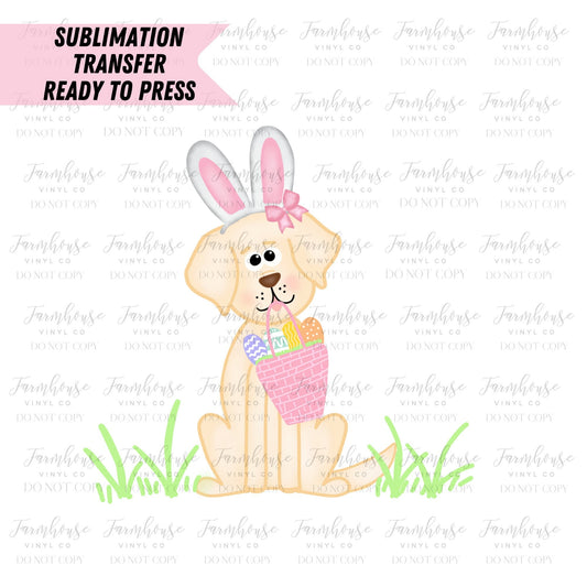 Pink Golden Dog Cute Easter Bunny Ready to Press Sublimation Transfer - Farmhouse Vinyl Co