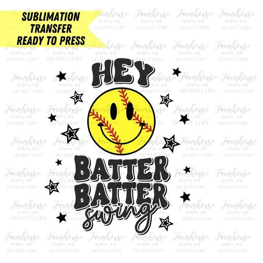 Hey Batter Batter Swing Retro Smiley Face Softball Ready to Press Sublimation Transfer - Farmhouse Vinyl Co
