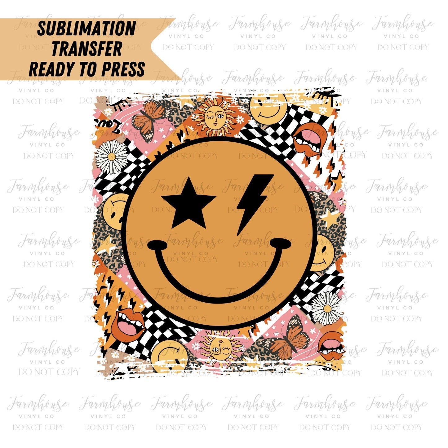 Grunge Smiley Face Grunge Ready to Press Sublimation Transfer - Farmhouse Vinyl Co