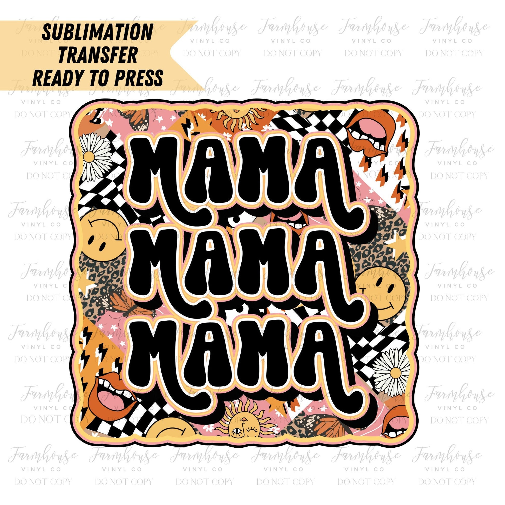 Mama Retro Square Smiley Face Rocker Ready to Press Sublimation Transfer - Farmhouse Vinyl Co