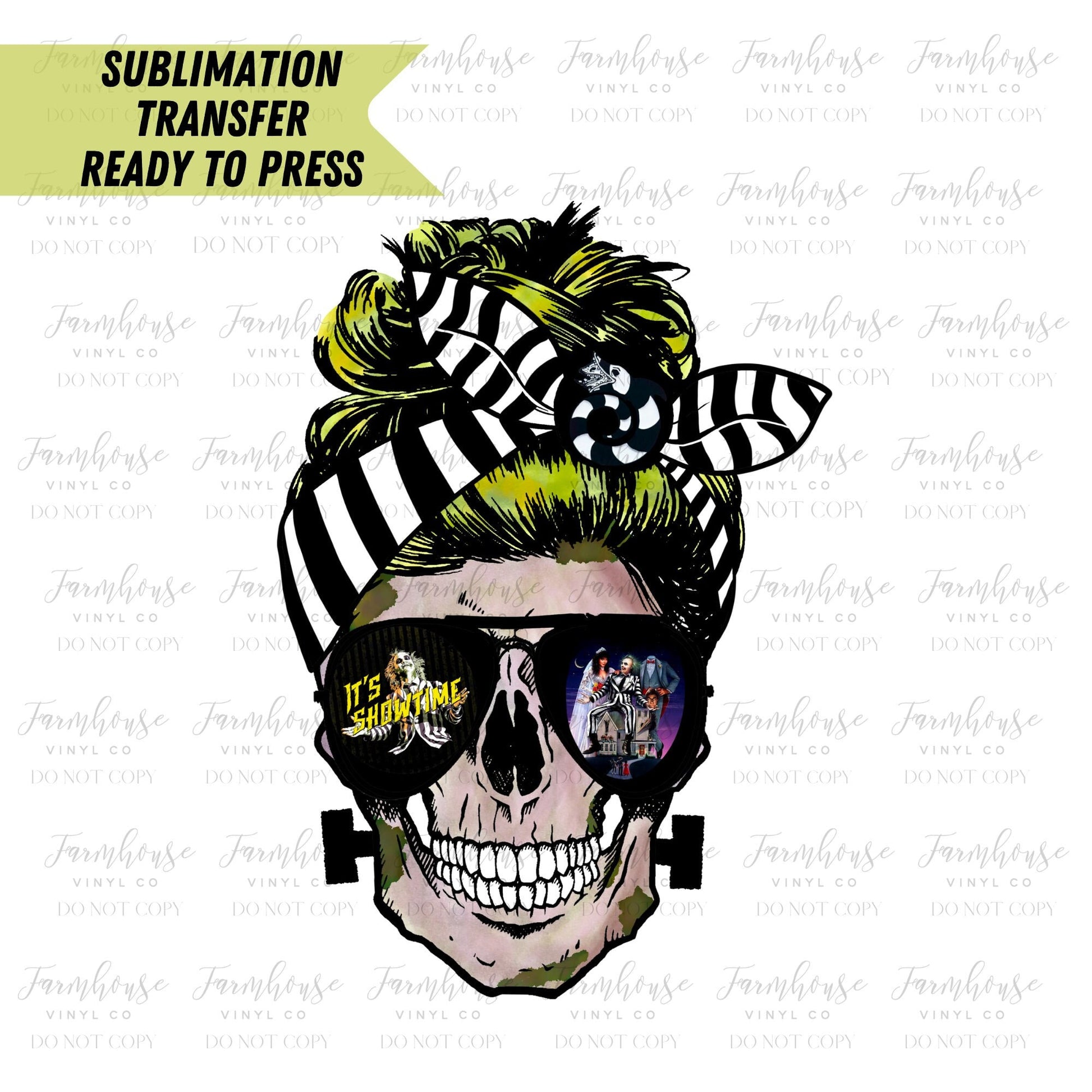 Beetlejuice It’s Showtime Skull Messy Bun Ready to Press Sublimation Transfer - Farmhouse Vinyl Co