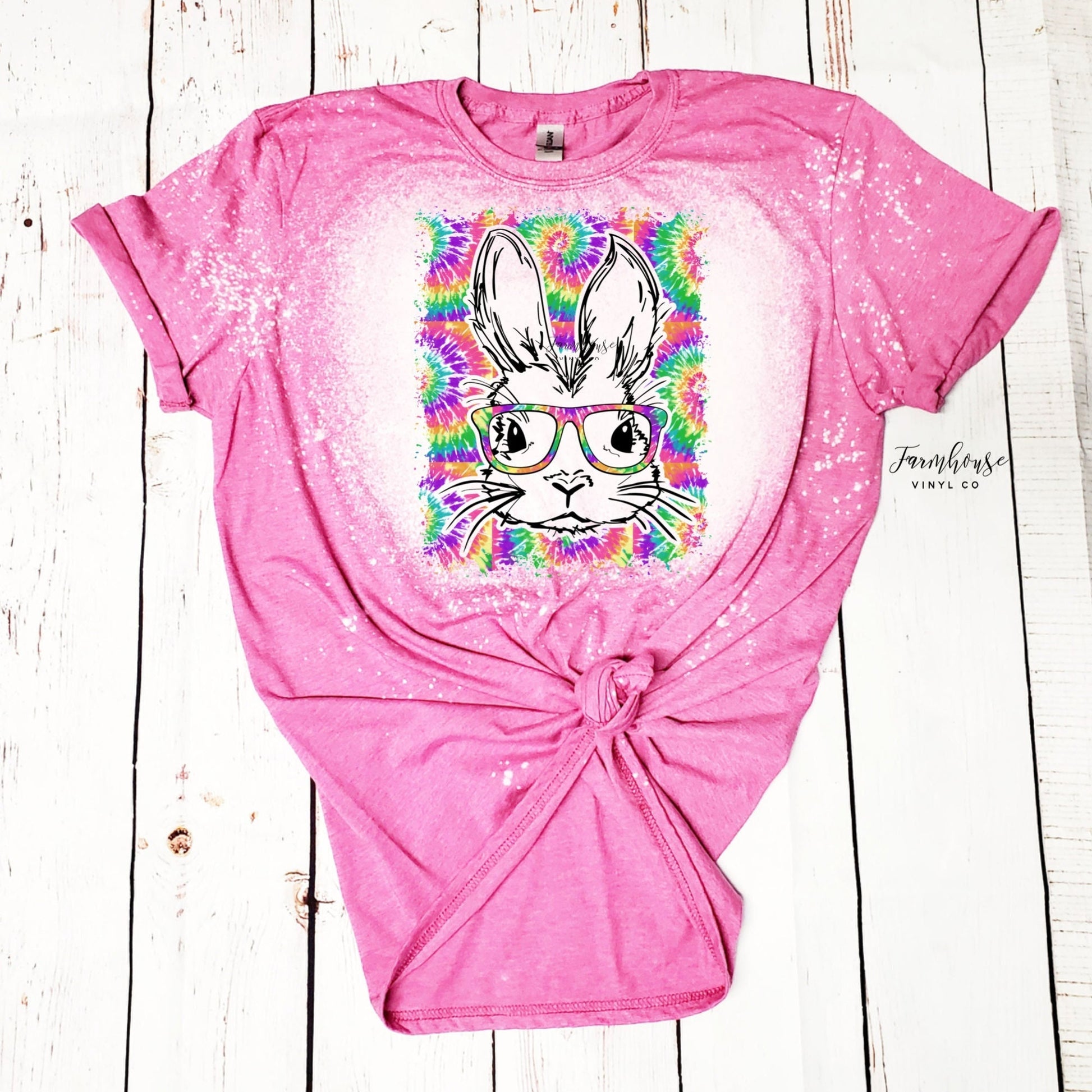 BOHO Bunny Tie Dye Bleached Shirt / Trendy tee shirt / Kids Easter T Shirt / Hipster Bunny Shirt / Easter Party T Shirt / Girl Bunny Shirt - Farmhouse Vinyl Co