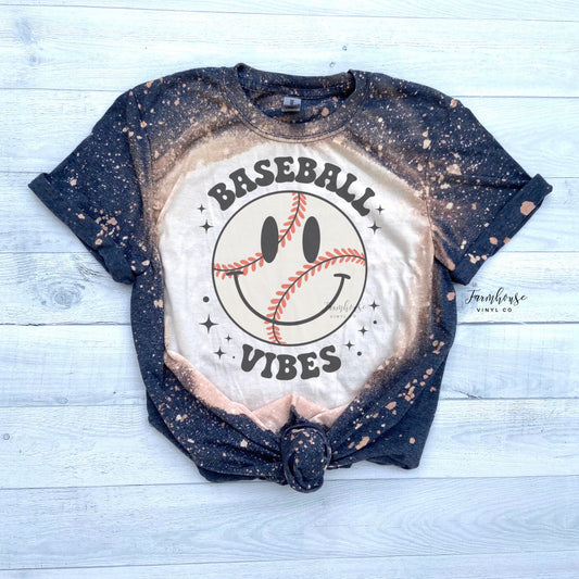 Baseball Vibes Smiley Face Bleached Shirt / Trendy shirt / Ballpark Shirt / Smiley Baseball Leopard T / Baseball Shirt / Softball Fan Tee - Farmhouse Vinyl Co