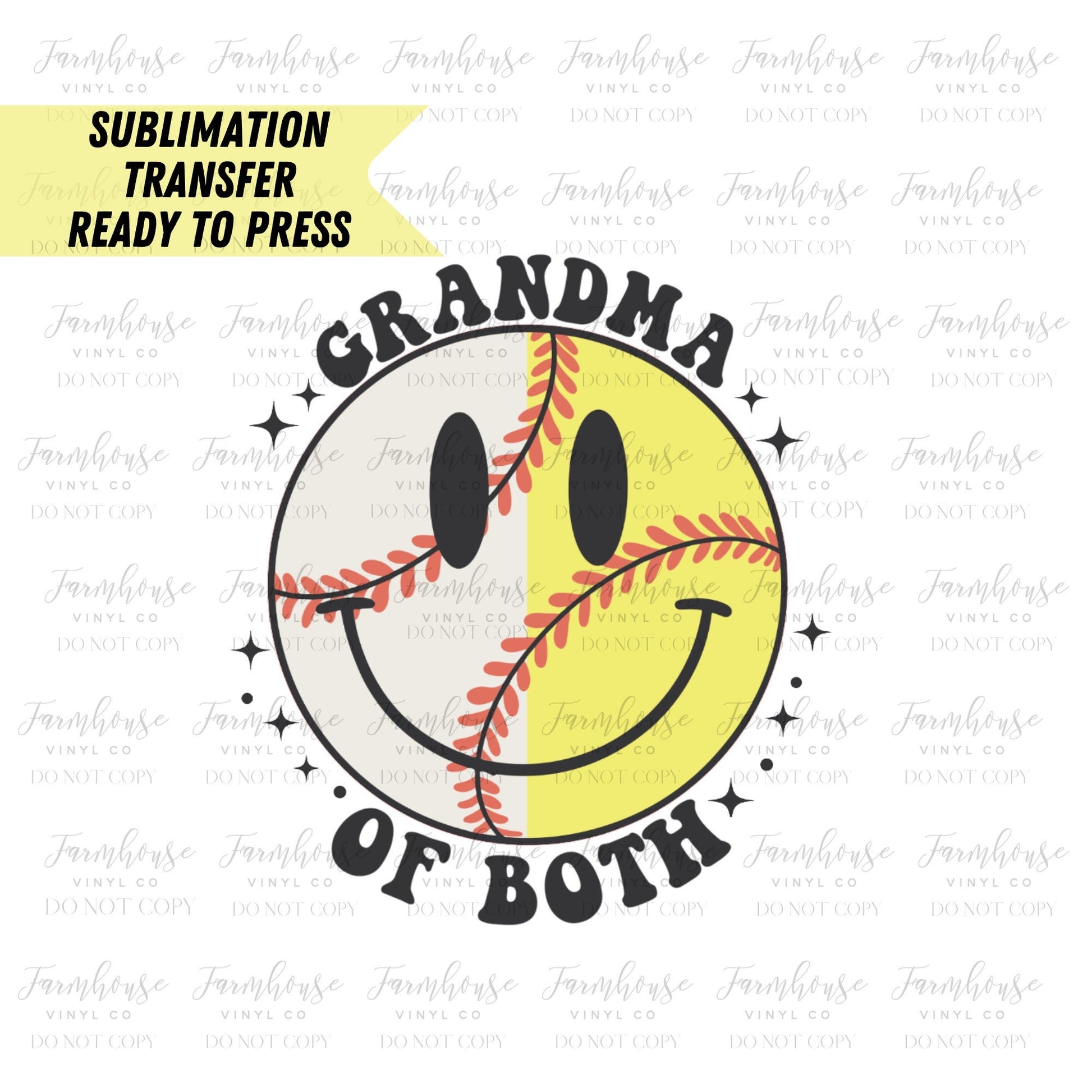 Grandma of Both Retro Baseball Softball Smiley Face Ready to Press Sublimation Transfer - Farmhouse Vinyl Co