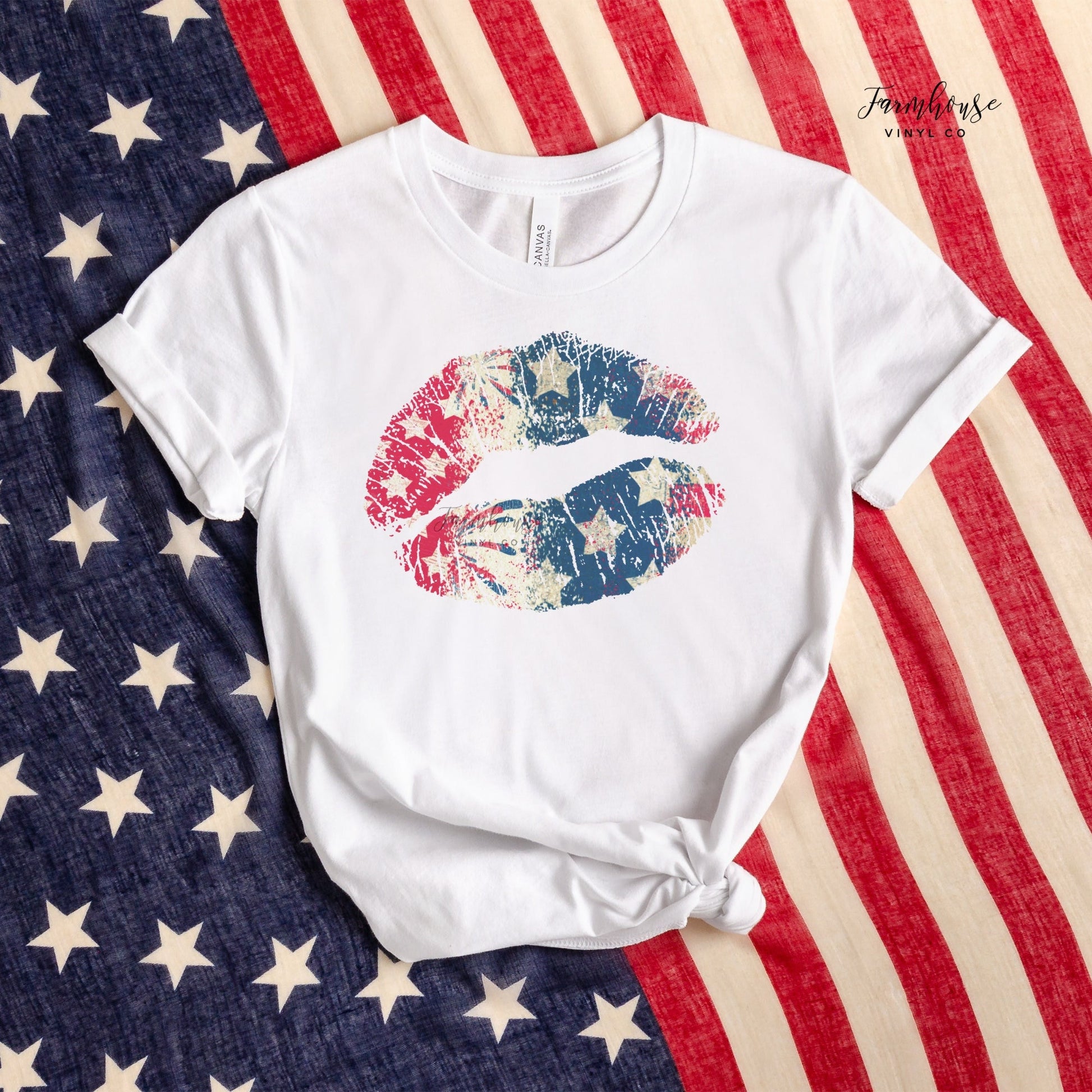 Stars and Stripes Kiss Lips Bleached Shirt / 4th of July / Independence Day Shirt / Summer BBQ Shirt / Red White Blue Kiss Lips Shirt - Farmhouse Vinyl Co