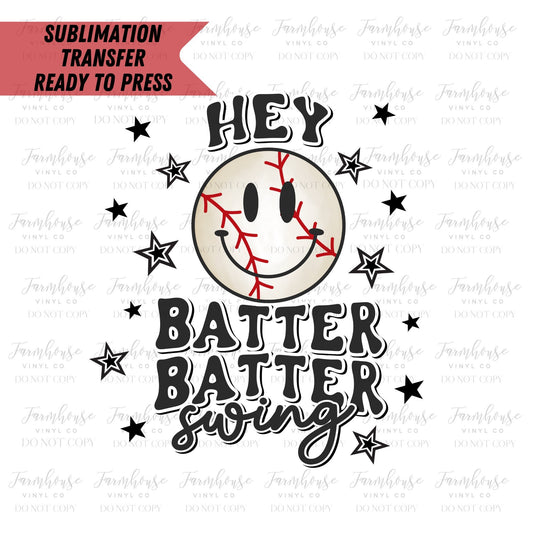 Hey Batter Batter Swing Baseball Retro Smiley Face Ready to Press Sublimation Transfer - Farmhouse Vinyl Co