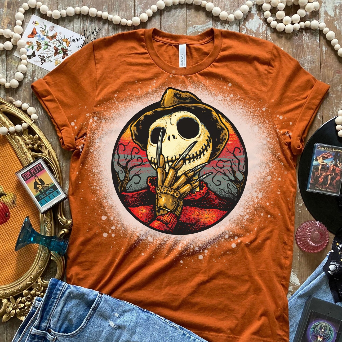 Halloween Skeleton Horror Movie Tee Shirt / J Skellington Halloween Shirt / Freddie Skeleton Bleached Shirt / Halloween Horror Shirt - Farmhouse Vinyl Co