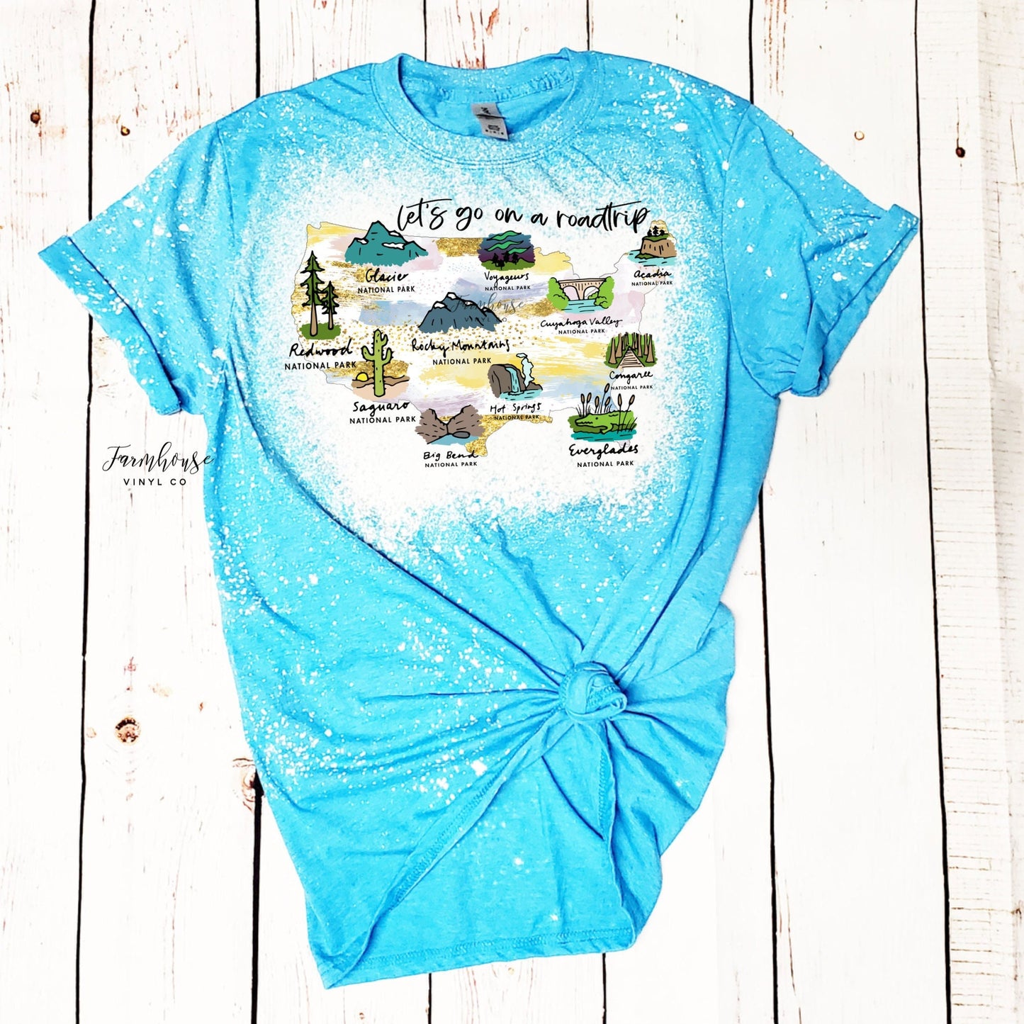 National Parks Road Map Bleached Shirt / 4th of July / Summer Vacation Shirts / NP Souvenir Shirt / Camping Road Trip / Lets Take A Roadtrip - Farmhouse Vinyl Co