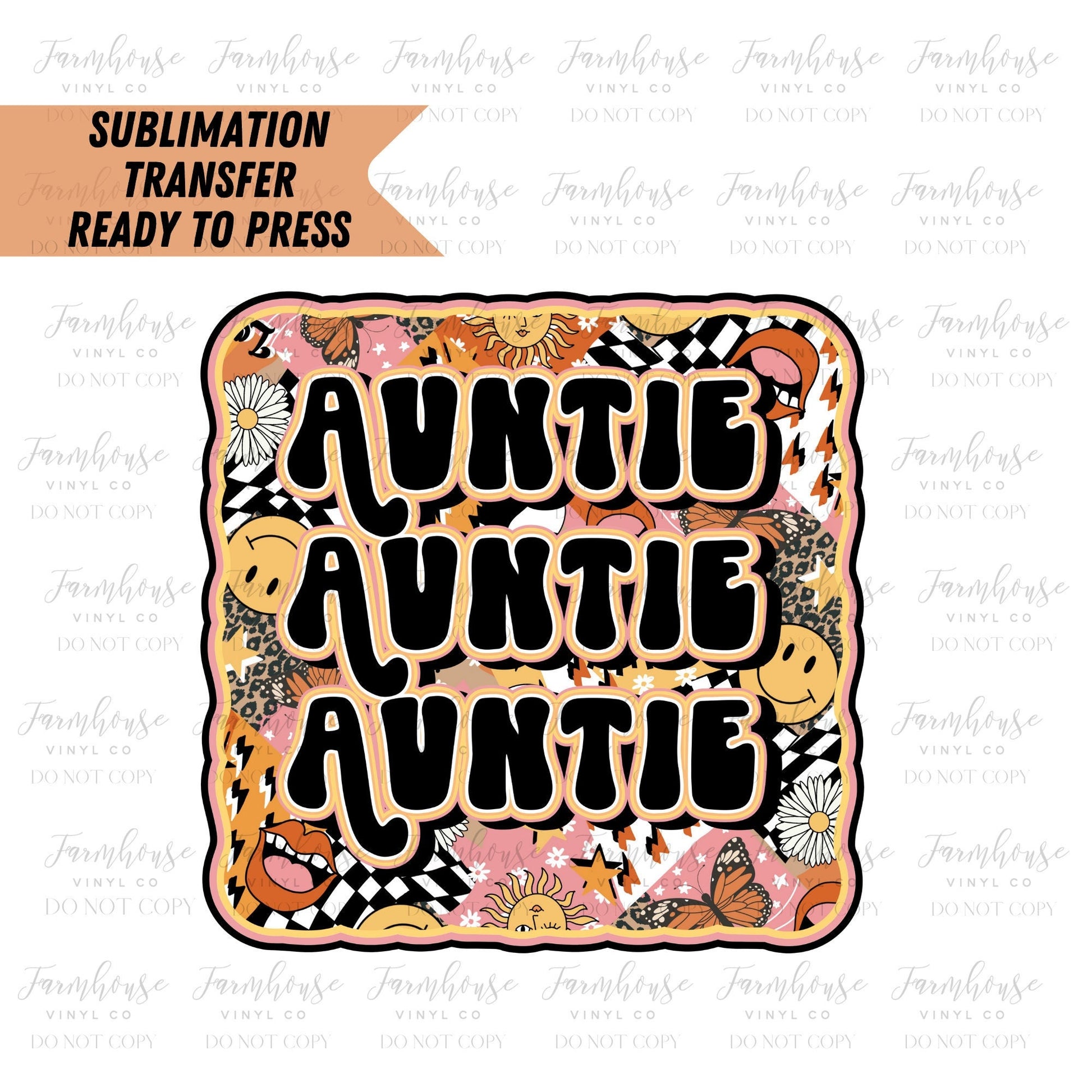 Auntie Retro Rock Smiley Face Ready to Press Sublimation Transfer - Farmhouse Vinyl Co