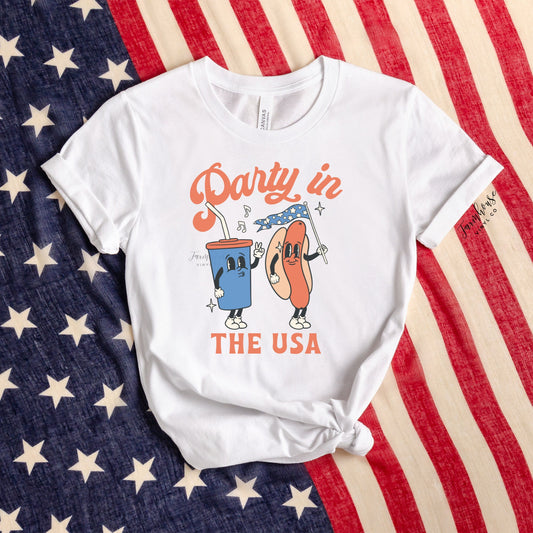 Party in the USA Retro Hot Dog Bleached Shirt / 4th of July / Independence Day Shirt / Summer BBQ Shirt / American Babe Stars Stripes T - Farmhouse Vinyl Co