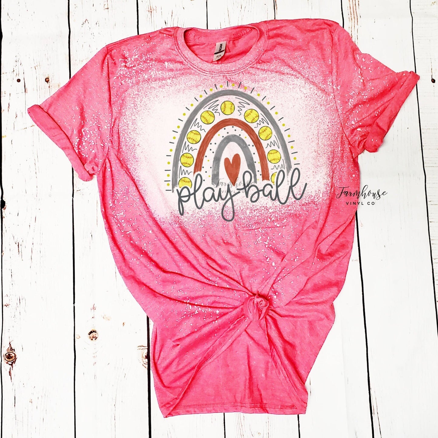 Playball Softball Rainbow Bleached Shirt - Farmhouse Vinyl Co