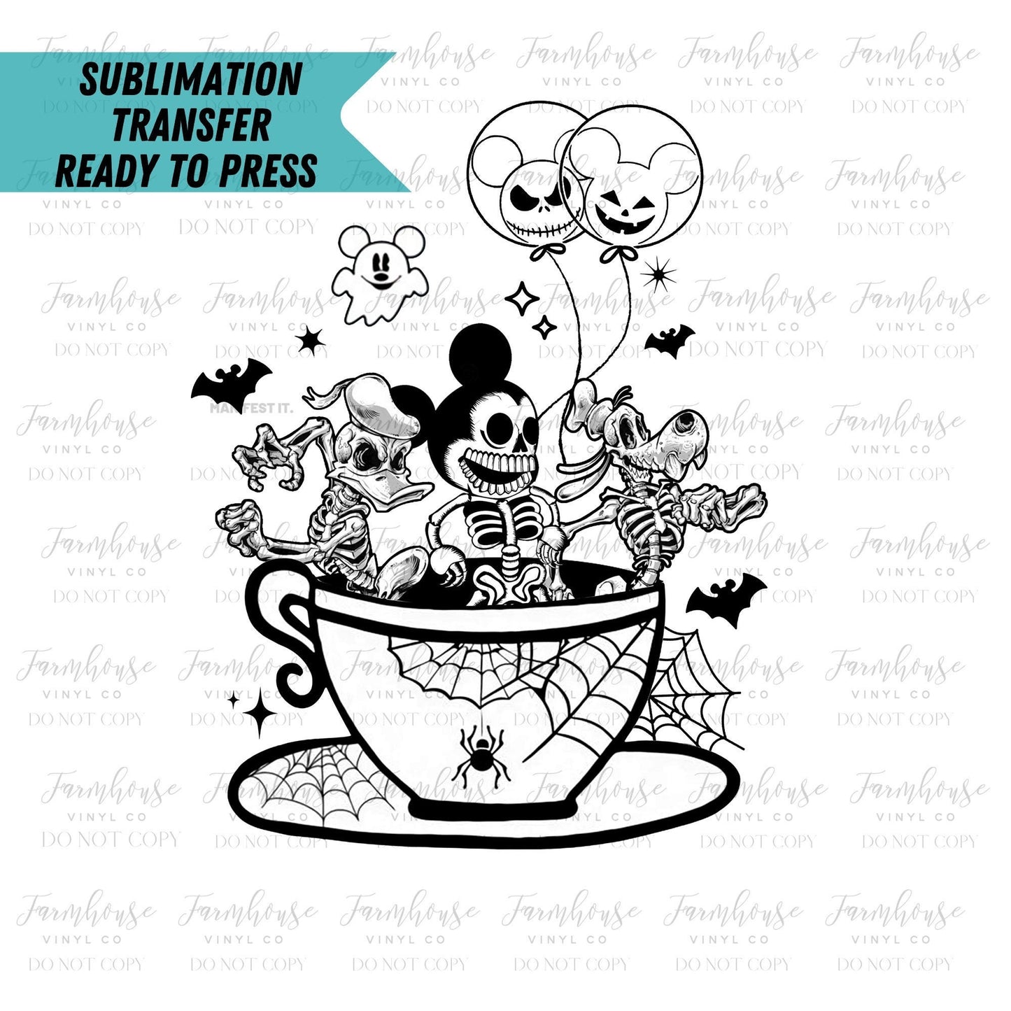 Skeleton Tea Cup Balloons Ready To Press Sublimation Transfers, Magical Vacation, Sublimation, Halloween Magical Vacay, Heat Transfer Design