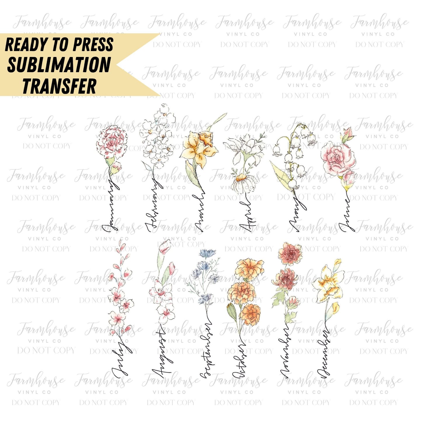 Birthday Month Flowers, Ready to Press Sublimation Transfer, Sublimation Transfers, Floral Chart, Birth Month Flowers Design, Floral Chic - Farmhouse Vinyl Co