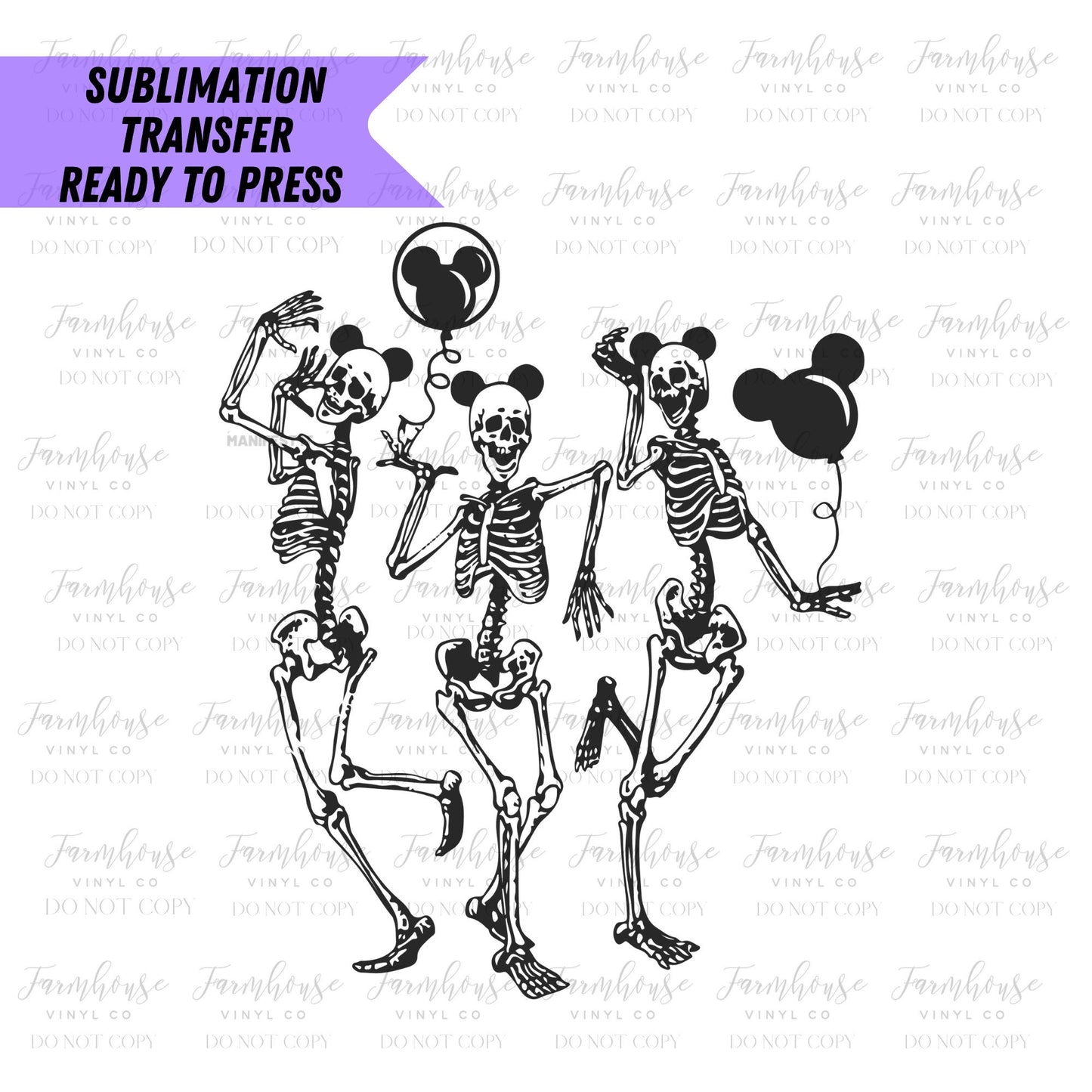 Skeleton Ears Balloons Ready To Press Sublimation Transfers, Magical Vacation, Sublimation, Halloween Magical Vacay, Heat Transfer Design